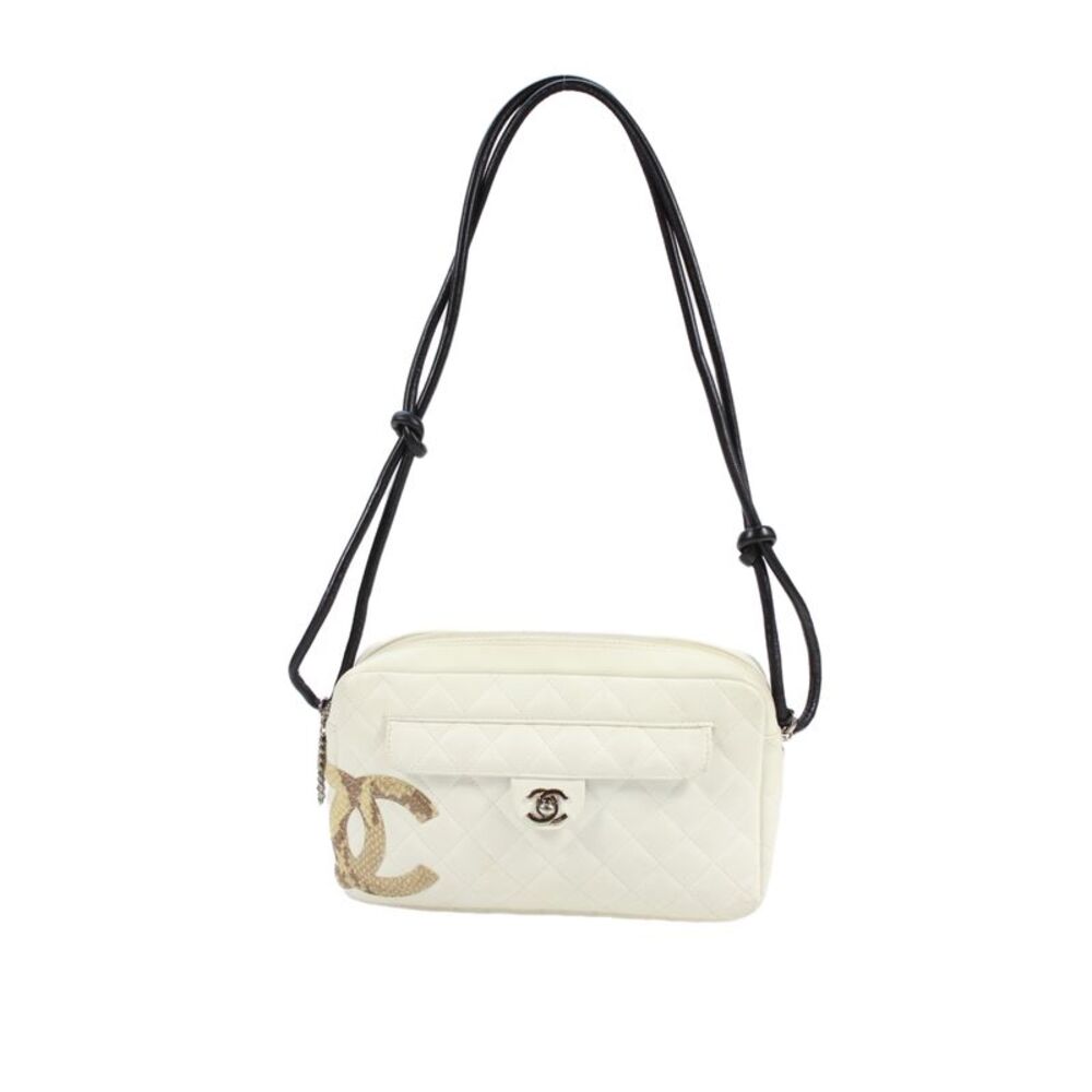 Chanel Womens Python Trimmed Ligne Cambon Camera Handbag White